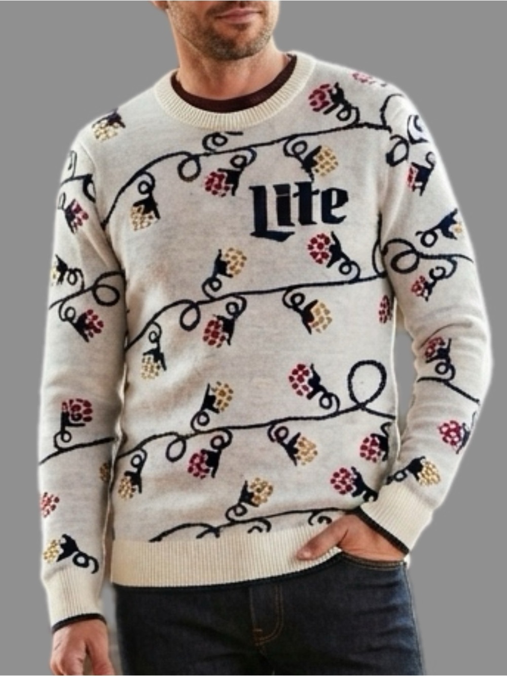 Miller Lite Beer Knit Crewneck Sweater Mens Size Medium Cream Holiday Style